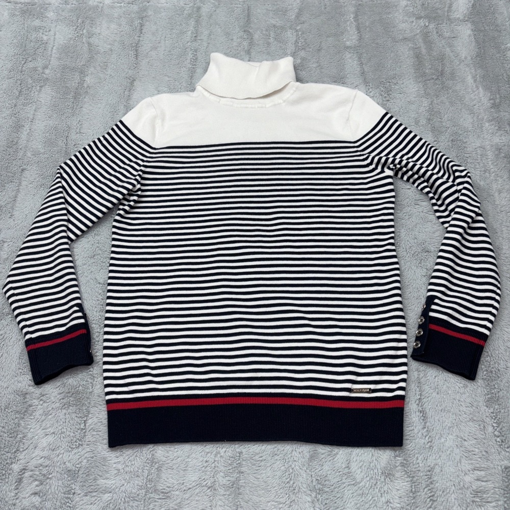Tommy Hilfiger Women Sweater Red White Blue Stripe Cotton Turtleneck